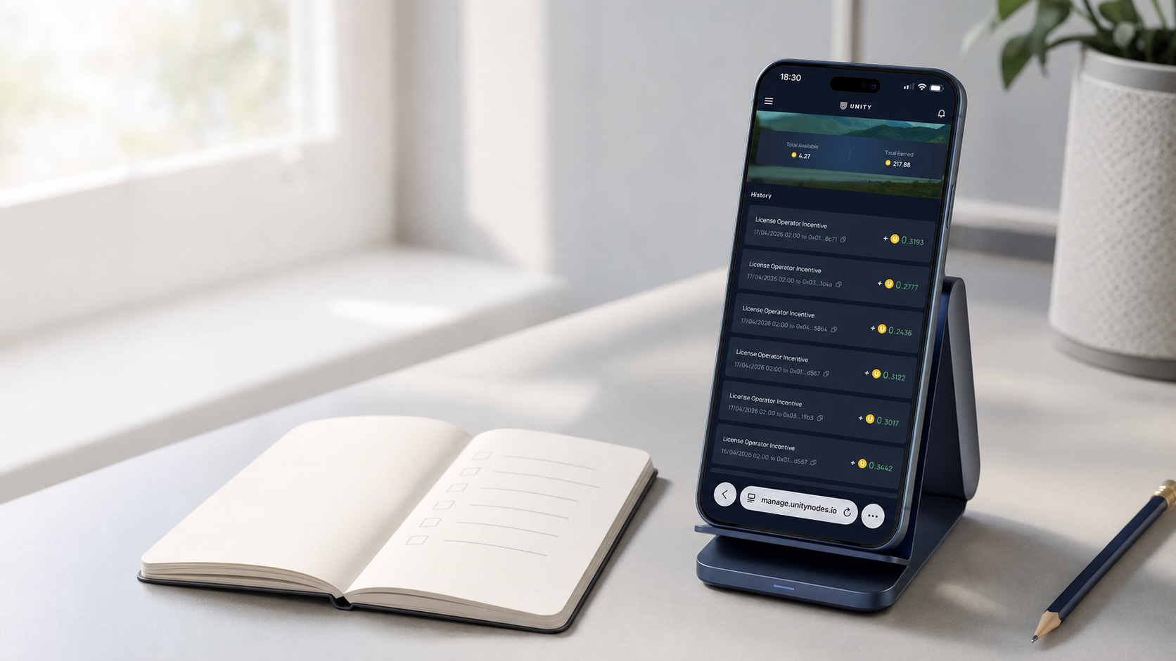 Unetwork operator rewards history displayed on a phone beside a setup checklist