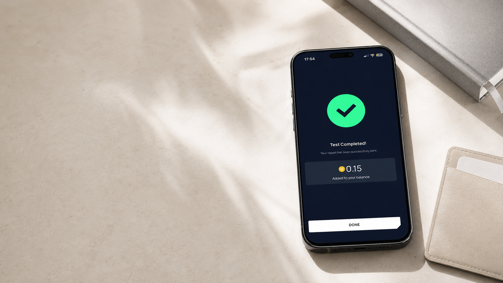 Unetwork app showing a completed task and reward added to the balance