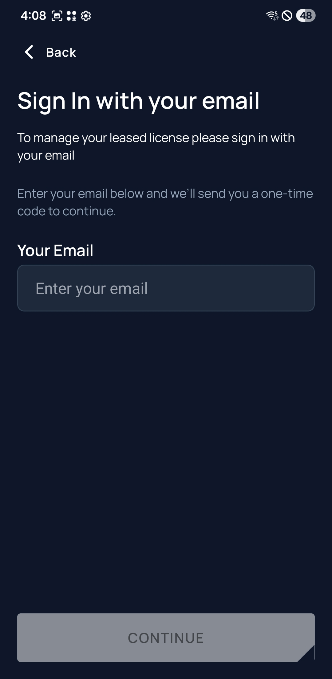Unity app screen prompting for email address with Continue button
