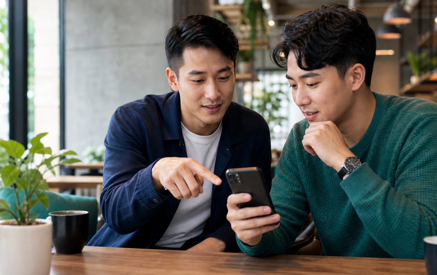 Two people reviewing a referral link together on a phone