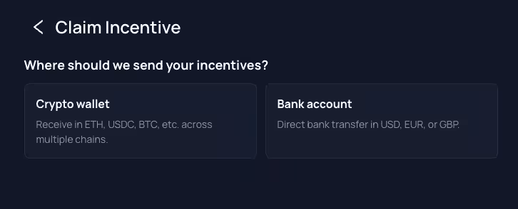 Unetwork withdrawal method choice showing crypto wallet and bank account options